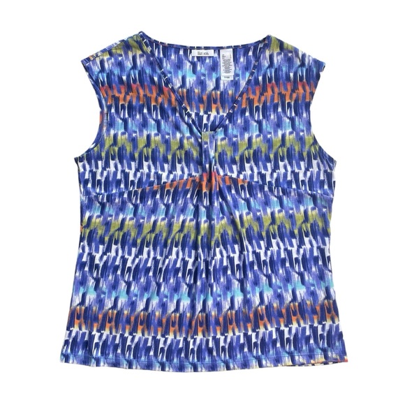 Liz & Co Pleat Front Top LARGE V-neck Colorful Career Casual Sleeveless Blouse - Picture 16 of 16